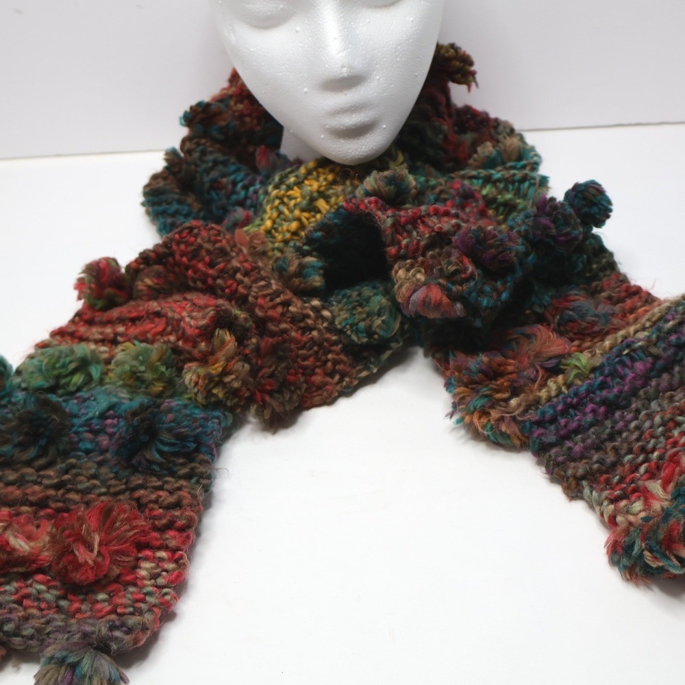 Rainbow Knit Pom Pom Rectangle Scarf Fairy Grunge Boho Colorful Unique Artsy‎